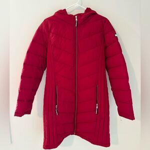 Tommy Hilfiger ThFlex Women’s Puffer Jacket Size Medium Red Hooded Long Lengh